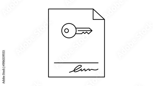 Minimalist black line vector icon illustration of a signed lease agreement document with a key, representing real estate contracts, rental property deals, and legal home ownership documents.