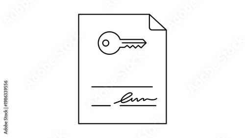 Minimalist black line vector icon illustration of a lease agreement document with a key symbol and signature on white background, perfect for real estate, rental, and legal contract concepts.