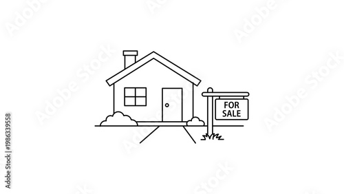Minimalist black line vector icon illustration of a residential house with a chimney and a for sale sign on a white background, perfect for real estate property listing and home buying designs.