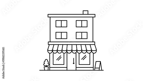 A minimalist black line vector icon illustration of a mixed-use building with a storefront shop and residential apartments, ideal for urban planning, real estate, and small business designs.