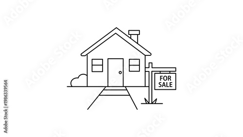 Minimalist black line vector icon of a house for sale with a yard sign, chimney, and pathway. Hand-drawn outline illustration of real estate property listing on a white background for web design.