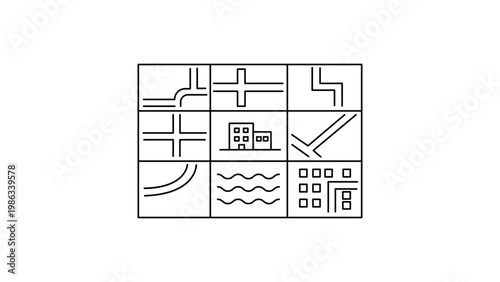 Minimalist black line vector icon illustration of a colorful city zoning map grid showing urban planning elements like roads, buildings, water, and parks for navigation and cartography.