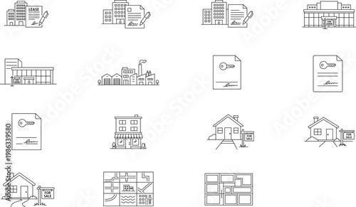 Real Estate and Commercial Lease Vector Icon Set: 15 Minimalist Black Line Illustrations of Office Buildings, Industrial Parks, Houses for Sale, Zoning Maps, and Legal Rental Agreement Documents.