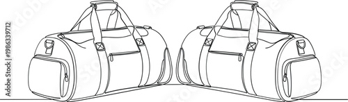 Pair of two identical duffel bags in minimalist line art style on white background for travel