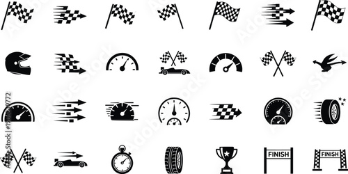 Racing and speed flat design icons set, race car elements and symbols collection