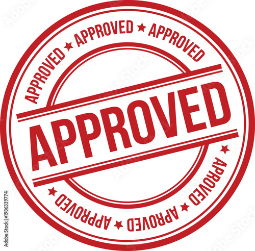 Red approved rubber stamp seal icon isolated on white background for quality assurance business cert