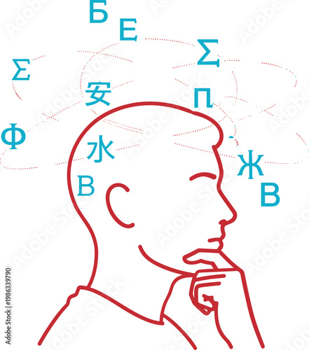 Red outline of human head profile with blue foreign language characters and symbols floating around
