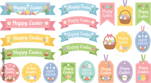 Set of easter banners and gift tags with cute animals and religious symbols on white background art