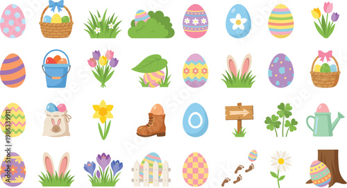 Set of easter elements and decorations with baskets eggs bunnies flowers and spring holiday symbols