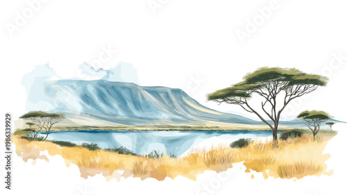 Ngorongoro Crater. Ngorongoro Crater hand drawn watercolor illustration on white background