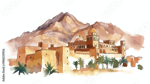 Mount Sinai and St. Catherine?s Monastery. Mount Sinai and St. Catherine?s Monastery hand drawn watercolor illustration on white background
