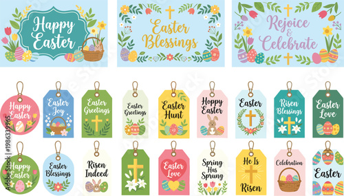 Set of easter greetings with spring holidays symbols and decorated eggs illustration vector design