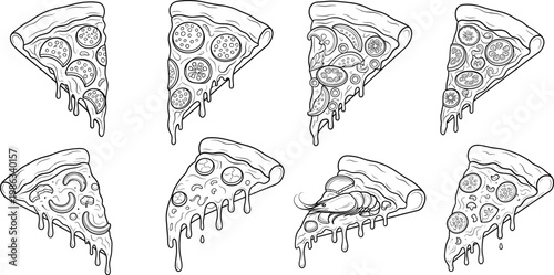 Set of pizza slices line art illustration with melting cheese and various toppings for coloring book