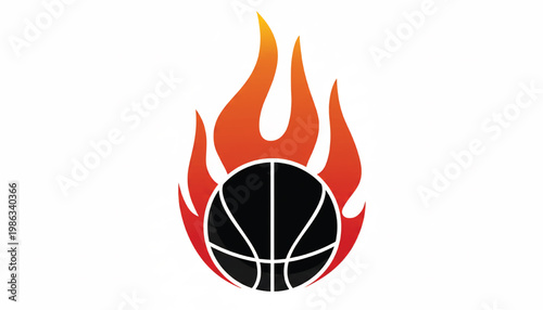 Basketball flame ball icon with orange fire shapes around a black sports ball graphic featuring fireball, athletics, energy with heat and blazing