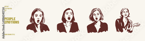 Surprised and worried women showing strong emotions portraits. Illustrations for storytelling content and marketing communication. Hand drawn sketch style drawing with dramatic mood lines.