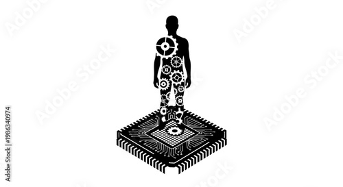 a man made of gears standing on a microchip.