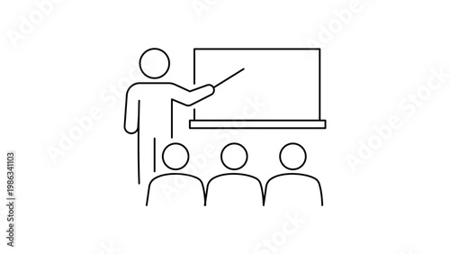 Minimalist black line vector icon illustration of a professional trainer pointing at a whiteboard while teaching a group of students, ideal for onsite training, education, and business workshops.