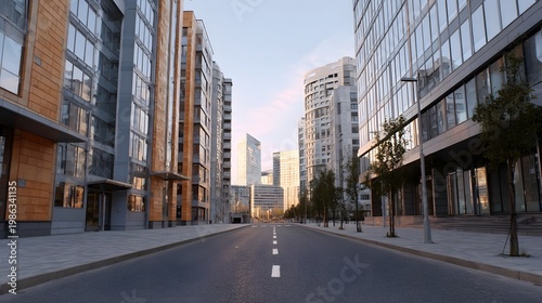 A wide open street lined with towering modern buildings characterized by glass and clean architectural lines