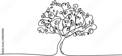 Stylized Tree with Intricate Branches and Leaves Created in a Single Continuous Line