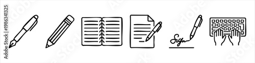Hand Drawn Writing and Office Stationery Icons Set Including Pen, Pencil, Notebook, Document, Signature, and Keyboard Typing