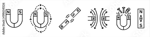 Magnet and Magnetism Icon Set: Vector Illustrations of Horseshoe and Bar Magnets, Magnetic Field Lines, Poles, and Attraction for Science and Education
