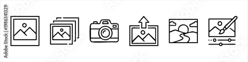 Set of Photography and Image Editing Vector Line Icons, Including Camera, Gallery, Photo Upload, and Retouching Tools for Digital Media Design.
