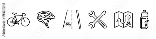 Set of Cycling and Bicycle Related Line Icons Including Bike, Helmet, Road Lane, Tools, Map, and Water Bottle