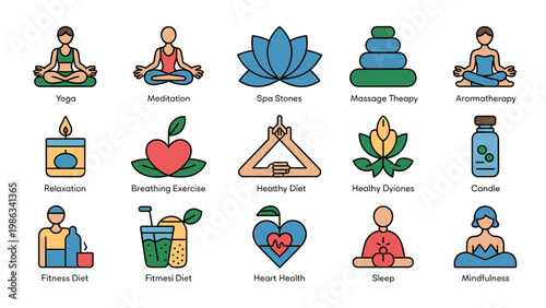 Wellness & Self Care Solid Icon Set  Yoga, Spa, Relaxation & Healthy Lifestyle Collection
