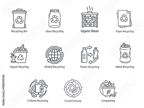 Recycling and Waste Management Icon Set – Eco Friendly Line Icons for Plastic, Glass, Paper, E-Waste and Composting