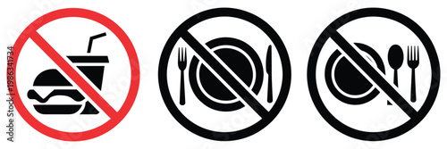 No food or drink allowed icon set flat vector prohibited symbols, restriction and safety rules signage concept, public area regulation and hygiene control warning vector