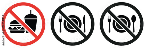No food or drink allowed icon set flat vector prohibited symbols, restriction and safety rules signage concept, public area regulation and hygiene control warning vector