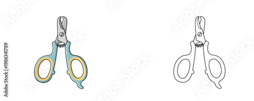 Nail clipper in flat cartoon and black line style blue and silver colors represents professional pet grooming tool for claw trimming and maintenance isolated on white background