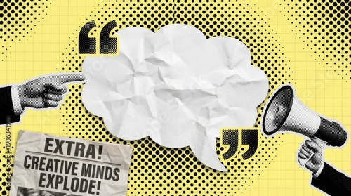 Trendy Halftone Collage Hand showing empty space speech bubble. Megaphone with message and quote symbols. Social media communication and advertising. Mixed Media Halftone Collage