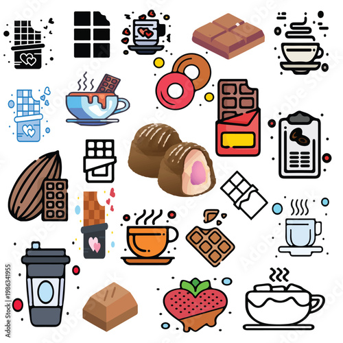 Collection of colorful flat design and line art icons featuring chocolate bars, hot cocoa, coffee cups, truffles, and sweets isolated on white background