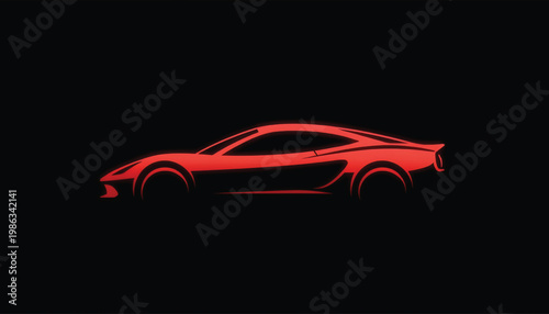 Car icon in neon red outline style with sleek side profile for technology, automotive UI and dashboard graphics