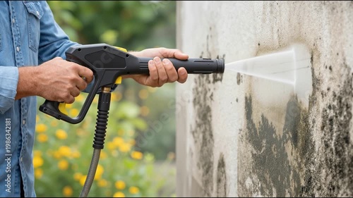 person using high pressure washer to clean mold and dirt from exterior house wall surface outdoors
