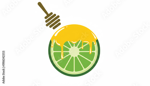Honeycomb melting wax drip icon with green slices and gold honey drops for food illustration featuring citrus, slice, drips with sweet and dessert
