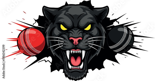 Fierce Black Panther Mascot Breaking Through Wall with Cricket Ball and Bat for Sports Team Logo, Badge, and Athletic Graphic Design Projects