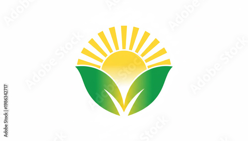 Sun and green leaf icon for eco friendly branding, sustainability message, and nature inspired logo design