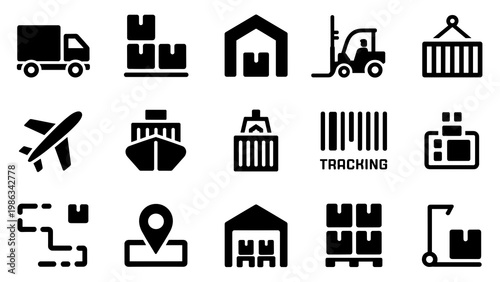 Bild auf Leinwand Logistics & Delivery Solid Icon Set – Shipping, Freight & Supply Chain Collectio