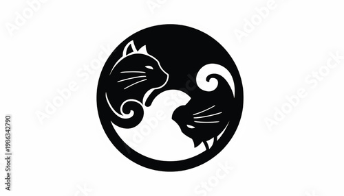 Cat and bird yin yang icon with black and white silhouettes for logo, tattoo, and spiritual design templates