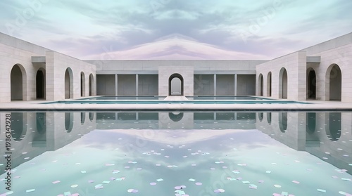 Symmetrical Courtyard Architecture with Arches and Reflecting Pool with Scattered Pastel Confetti for Modern Business Campus Celebration and Minimalist Design Background Concept