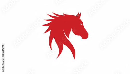 Unicorn head icon with red stylized silhouette and curved mane for fantasy branding and game character art