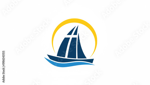 Sailboat icon with blue sail lines and yellow circular emblem for marine navigation branding graphics