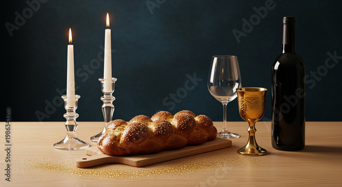 Challah bread loaf resting on a festive Jewish Shabbat dinner table