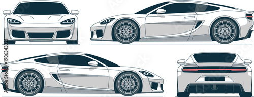 Modern sports car illustration, front side rear view, sleek aerodynamic design, alloy wheels detail, automotive concept art, stylish vehicle rendering