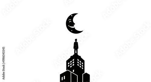 a man stands on a building under a crescent moon.