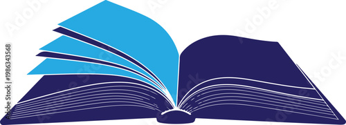 Open book with blue pages fanning out, dark blue cover.