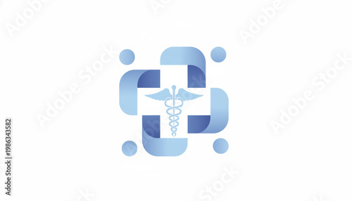 Medical cross icon with caduceus snake staff and wings in blue gradient style for healthcare and pharmacy branding