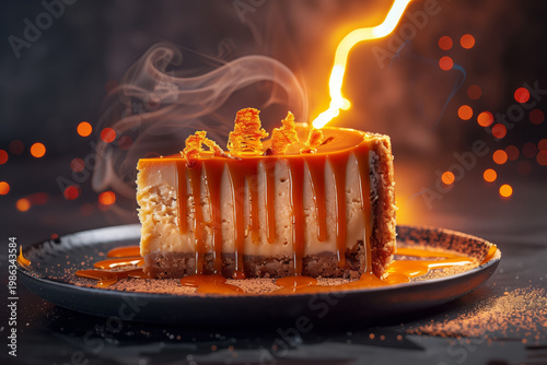 Gourmet caramel cheesecake slice on a black plate with artistic light spark and smoke. Concept dessert photography with warm bokeh lights on dark background